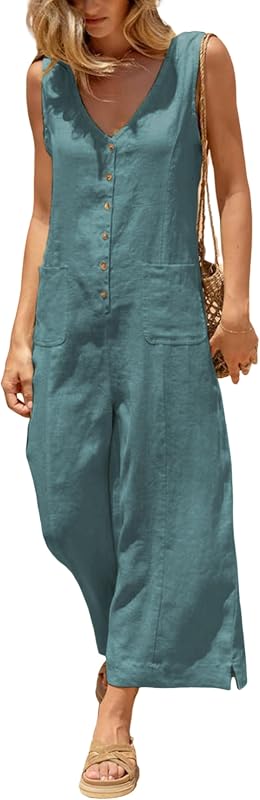 Yeokou Women Button Down Jumpsuits Cotton Linen Sleeveless Casual Wide Legs Rompers Loose Overall With Pockets(Teal-Medium)
