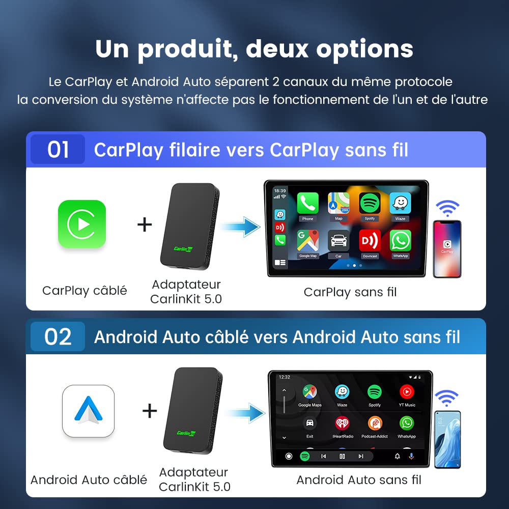 Carlinkit 5.0 2air carplay sans Fil et Android Auto sans Fil Adaptateur,2026 CarPlay Android Auto sans Fil 2 en 1,pour Les Voitures OEM avec CarPlay et Androidauto,Prend en Charge OTA,5GHz WiFi