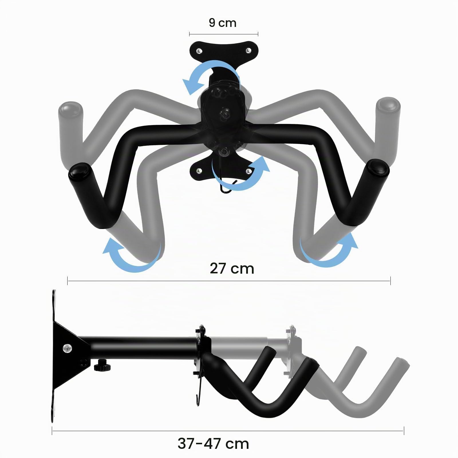 Soporte Pared Bicicleta Juego de 2, Soporte Bicicletas Pared de Acero Hasta 22 kg, Colgador Bicicleta Pared Acolchado Extra Suave, Ángulo y Distancia Ajustables, para Bicicleta de Carreras, MTB