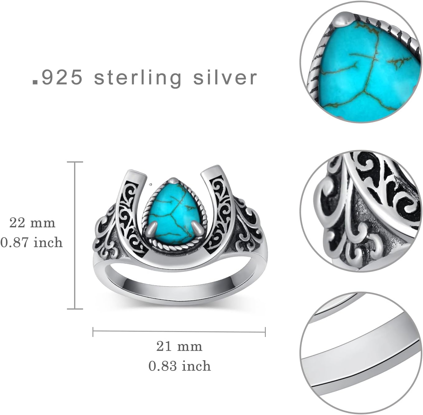 Genuine Turquoise Ring 925 Sterling Silver Horseshoe Ring Vintage Western Nature Gemstone Turquoise Jewelry for Women