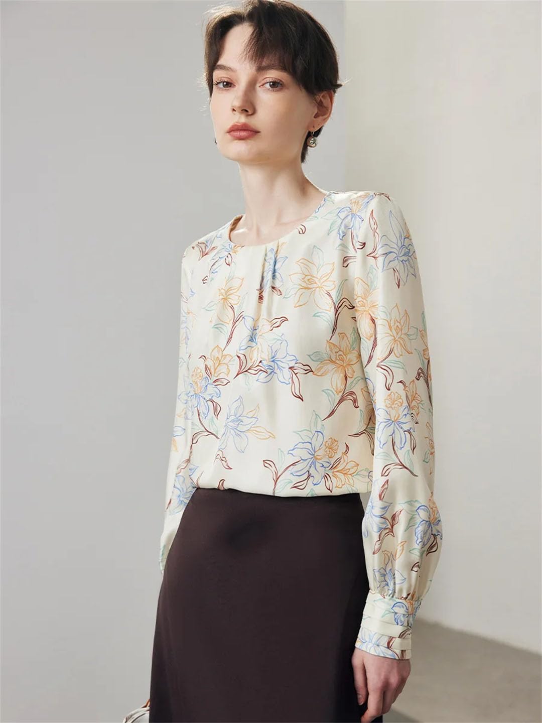 Blusas florales para mujer, 100% seda real, cuello redondo, manga larga, elegante