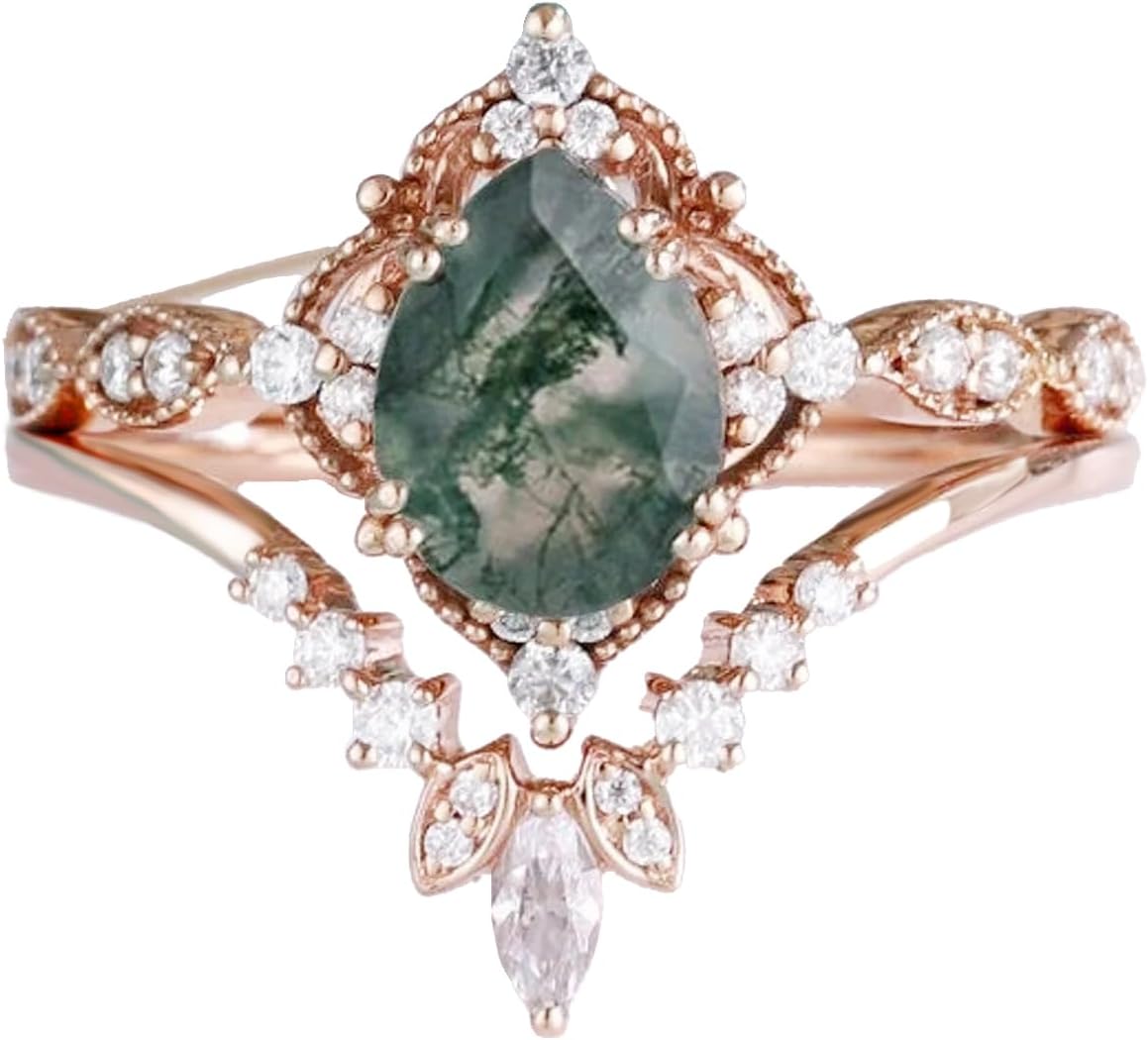 10K 14K 18K Solid Gold Natural Moss Agate Ring Set Inspired Leaf Moss Agate Engagement Ring Set Vintage Unique Moss Agate Bridal Wedding Ring Set Size 4-12.5