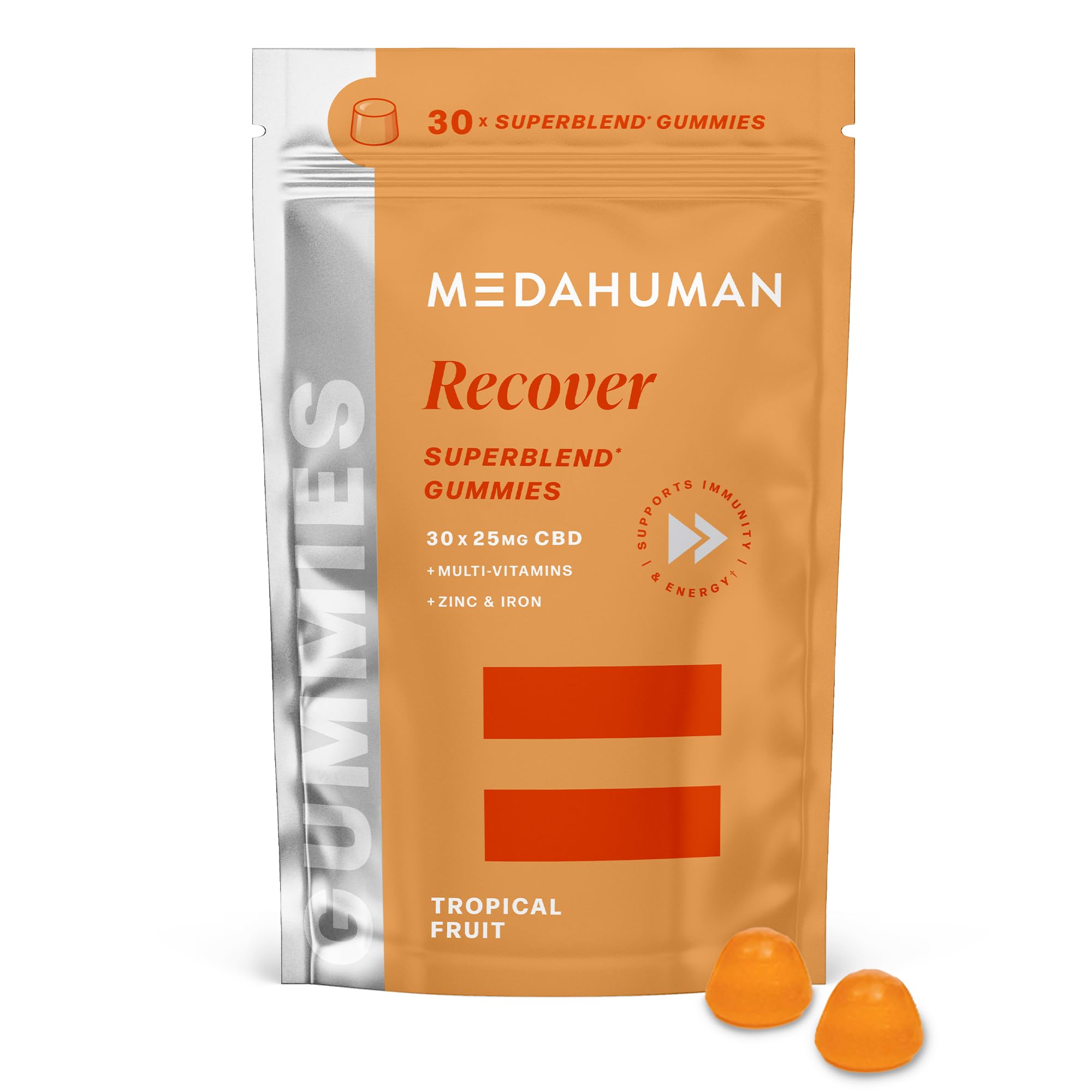 Medahuman Recover CBD Gummies 25mg per Gummy – 750mg Broad Spectrum with Vitamin A, D3 & Zinc – Orange Flavour Immune Wellness Supplement – 30 Servings
