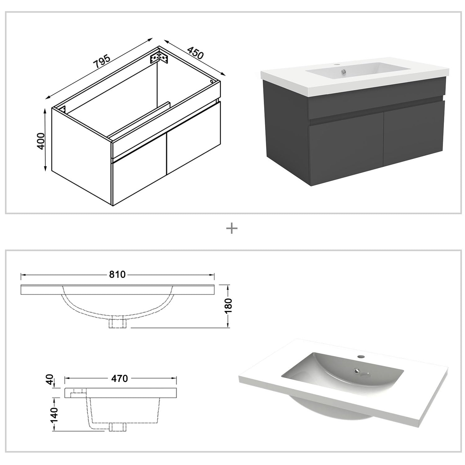 Badezimmer Badmöbel 80cm Mineralguss Waschtisch mit Unterschrank Hängeschrank Dunkelgrau Matt Badezimmerschränke Badschrank mit 2 Soft-Close Türen