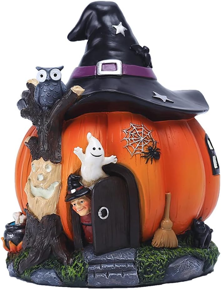 Pre-Lit Halloween Pumpkin House Statue Figurine with Witch Hat for Halloween Decorations, Halloween Theme for Indoor and Halloween Party Decor