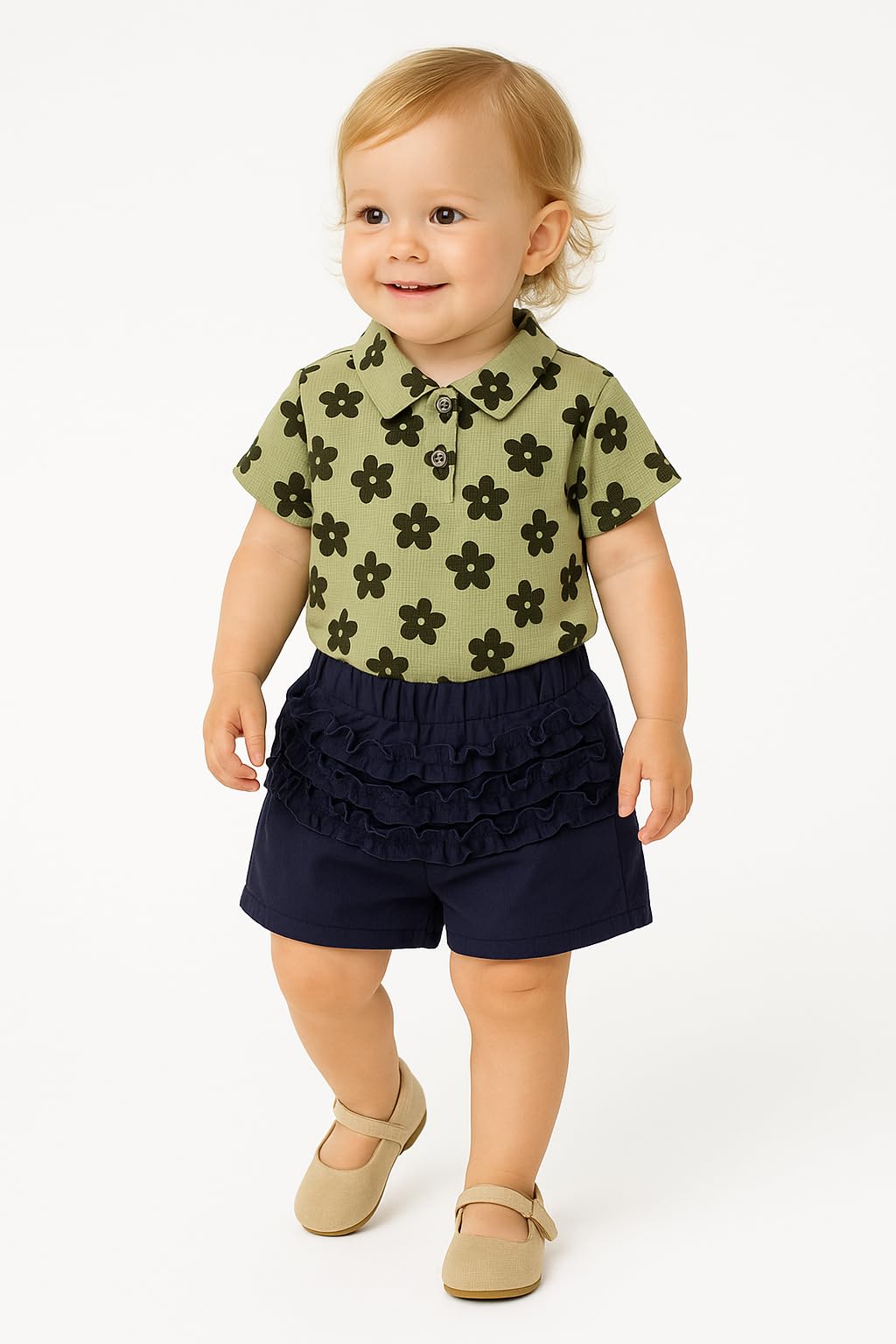 Seuyae Summer Knit Blouse for Baby Girl 24 Months Green Polo Shirt Waffle Texture