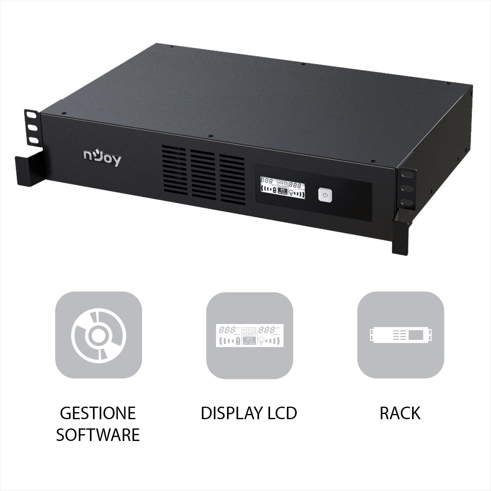 NJOY Code 2000 Gruppo di Continuità 2000VA 1200 Watt, Line Interactive, Onda Sinusoidale Simulata, UPS Rack 2U, 8 Uscite IEC C13, AVR, USB, Software per Gestione UPS, 2 Batterie, Garanzia 3 Anni