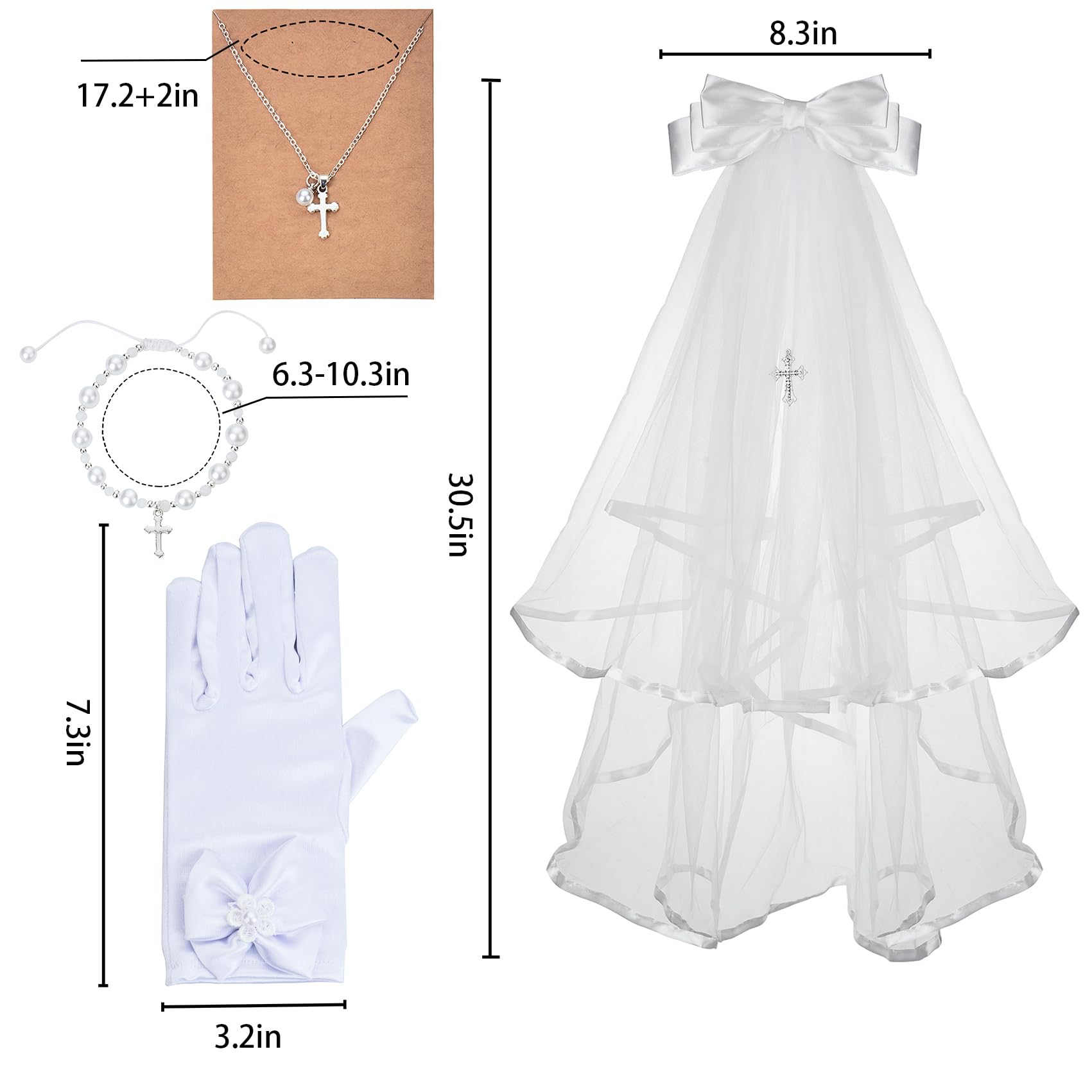 Girls First Communion Veil White Gloves Costume Accessories 4 Piece Set (Bow Gloves Cross Veil)