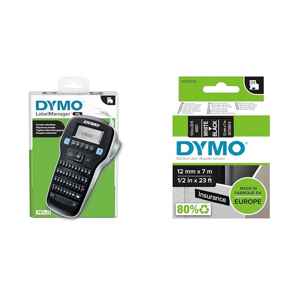 DYMO LabelManager 160 Tragbares Beschriftungsgerät | Etikettiergerät mit QWERTZ Tastatur & Einfache Textbearbeitung | für D1 Etiketten in 6 & Original D1-Etikettenband | weiß auf schwarz | 12 mm x 7 m