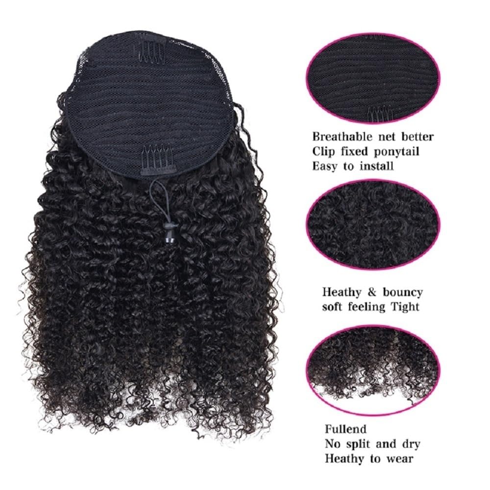 Kinky Curly prawdziwe włosy, koński ogon ze ściągaczem dla czarnych kobiet, brazylijskie przedłużenie włosów Virgin Kinkys, naturalne (22-66 cm), do codziennego użytku (56 cm)