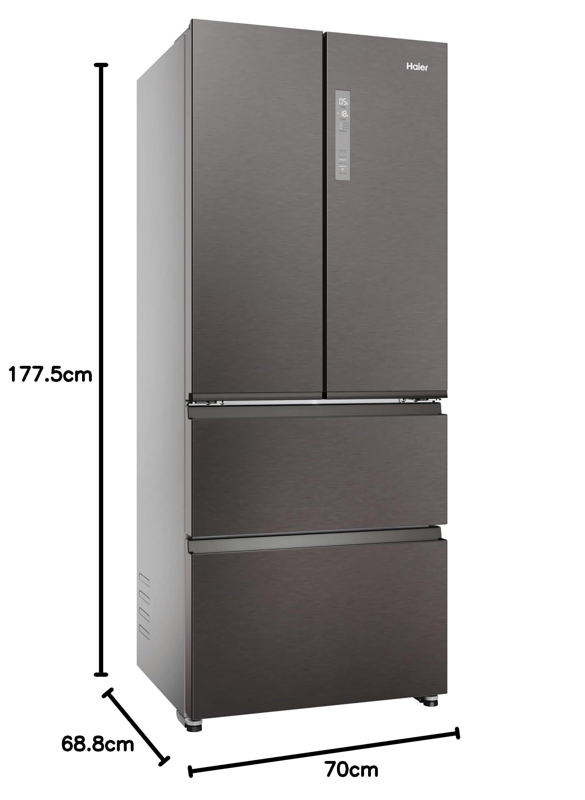 Haier FD 70 Serie 3, Frigorifero French Door, 2 Porte + 4 cassetti, 402 Litri, Total No Frost, Air Surround, My Zone, Libera Installazione, Classe E, (AxLxP) 177,5x70x68,8 cm, Dark Inox- HFR3718ENMD