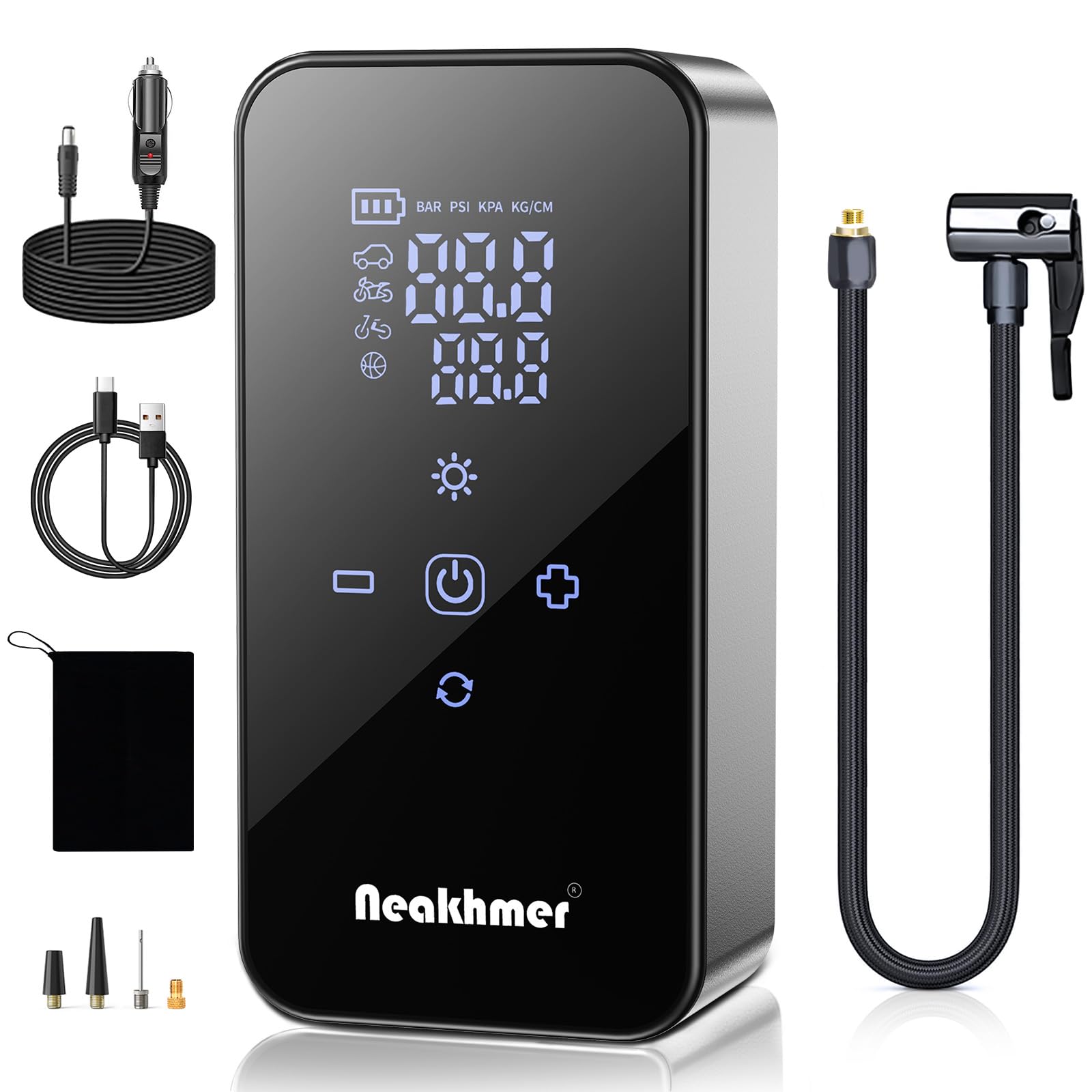 Inflador Ruedas Coche Hinchador Electrico: Mini Compresor Aire Portatil 150 PSI, con batería de 6000 mAh, Bomba Bicicleta 12 V con medidor de presión de neumáticos para Coche,Bicicleta y Motocicleta