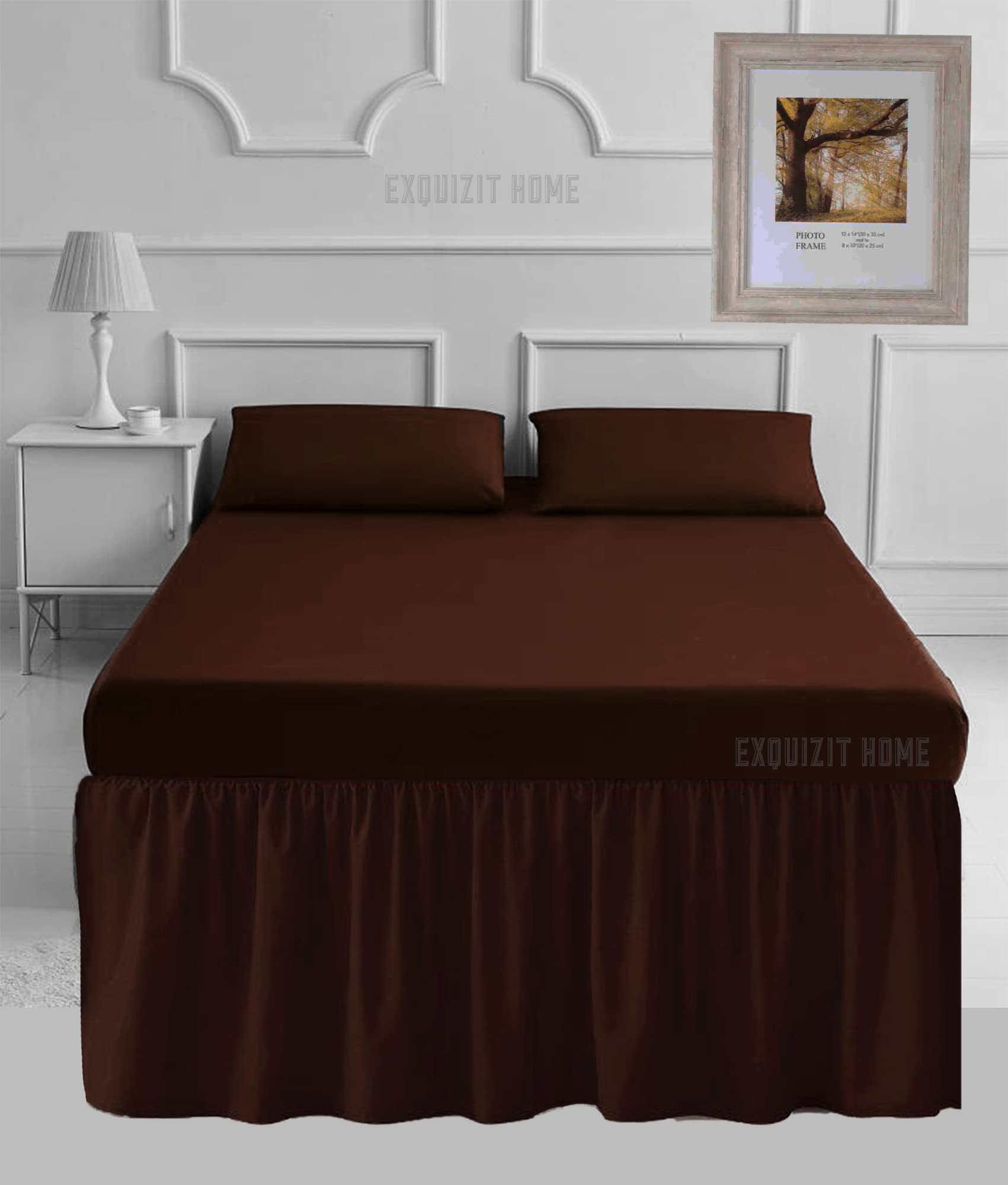 EXQUIZIT HOME® 16" Extra Deep Valance Sheet – 40cm Frilled Drop Polycotton Percale Base Valance, Plain Dyed Easy Care Bed Skirt (King, Chocolate) — image 1