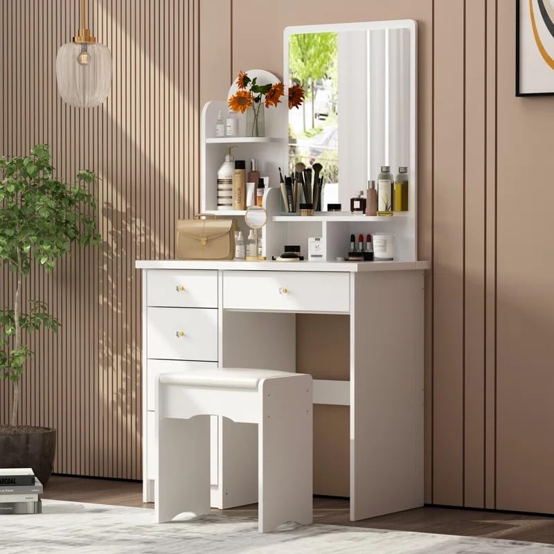 Image of Modern Vanity Dressing Table with Mirror, 4 Storage Drawers, White Finish