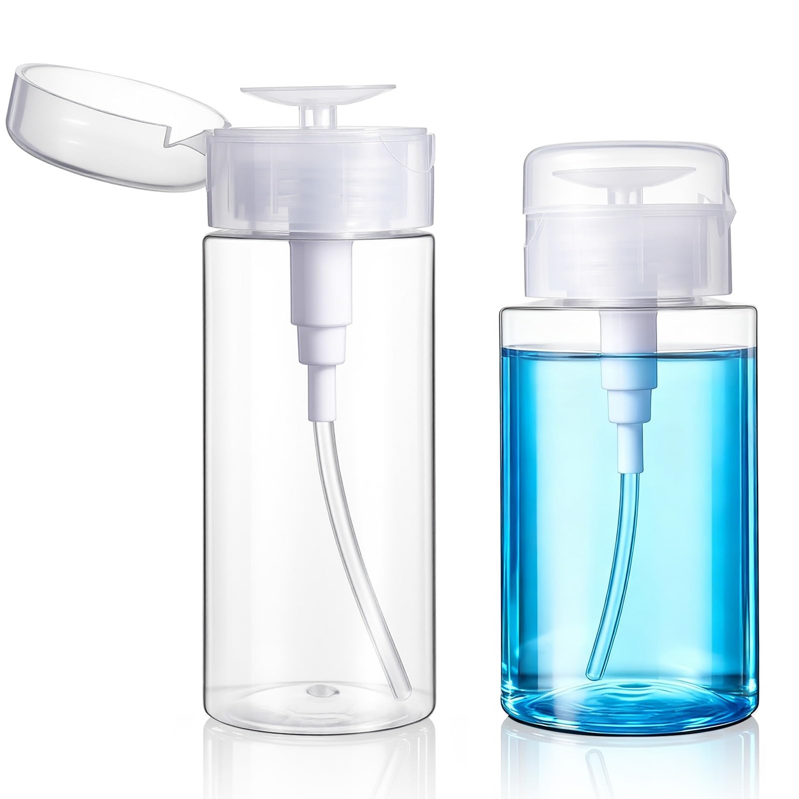 Grevosea 2 Pack Push down Pump Dispenser, Empty Push Top Bottles Pump Bottle Dispenser for Nail Polish Makeup Remover Alcohol Toner with DIY Labels 5.1oz/150ML+6.7oz/200ML