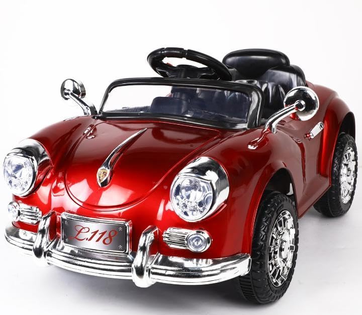 JN Creations 12V Classic Vintage 118 Ride On Car for Kids | Battery-Operated & Dustproof Charging Port | Safe & Durable (RED Painted)