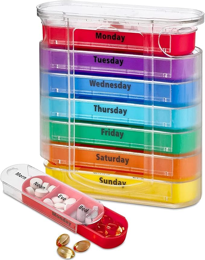 Pill Dispenser, 7 Day Portable Storage Box, Daily Pill Organizer, Weekly Pill Organizer with Stackable Compartments - Four Times-a-Day, Big & Small Pills, and Medication Tablet (Multicolor) (Pack Of 1)-image-41