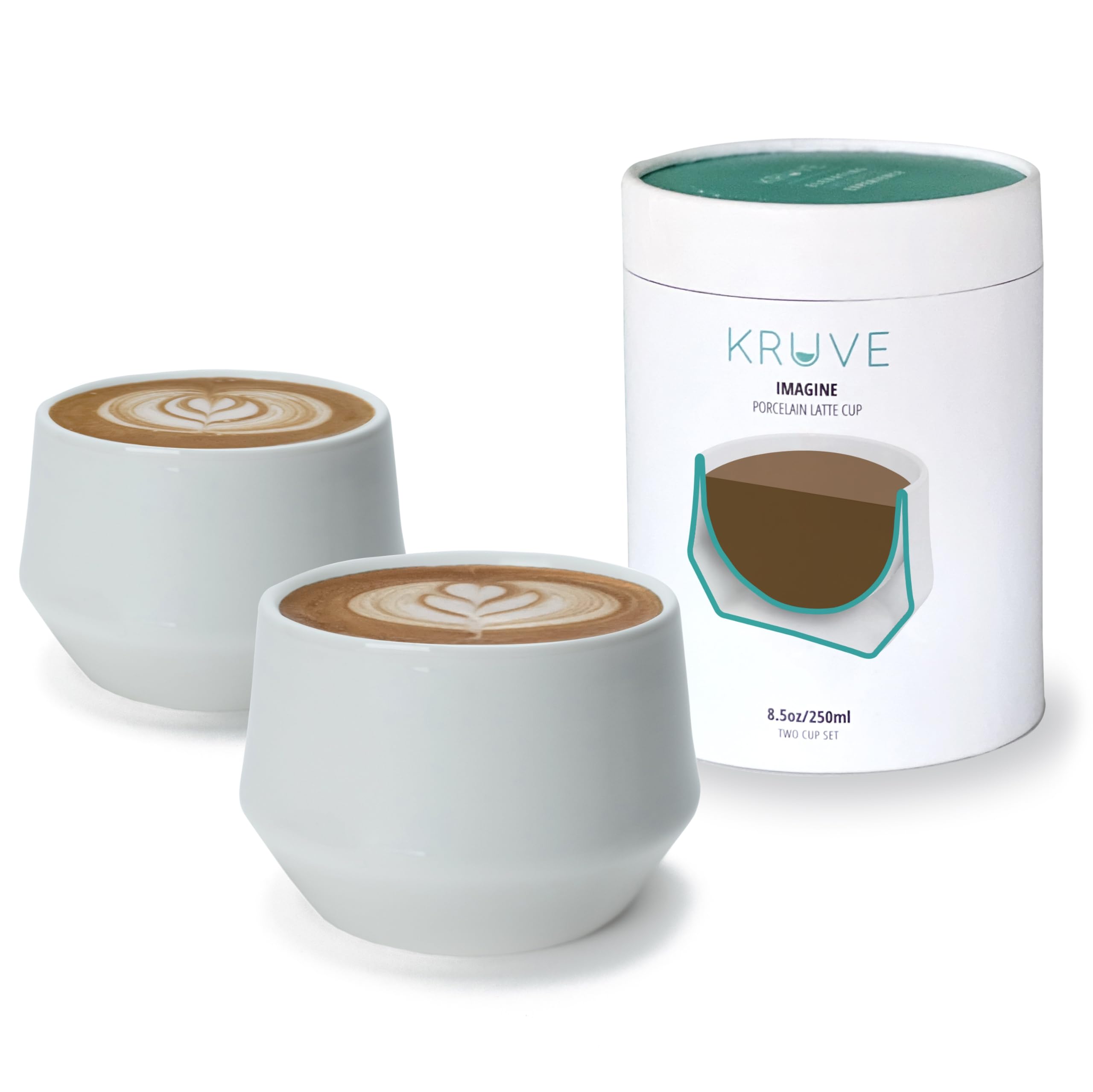 KRUVE IMAGINE Latte-Kaffeetassen aus Porzellan, doppelwandige Espressotassen, Glastassen im 2er-Set – 256 ml Thermo-Kugeldesign für Latte Art, isolierte Kaffeebecher zur Wärmespeicherung (weiß)