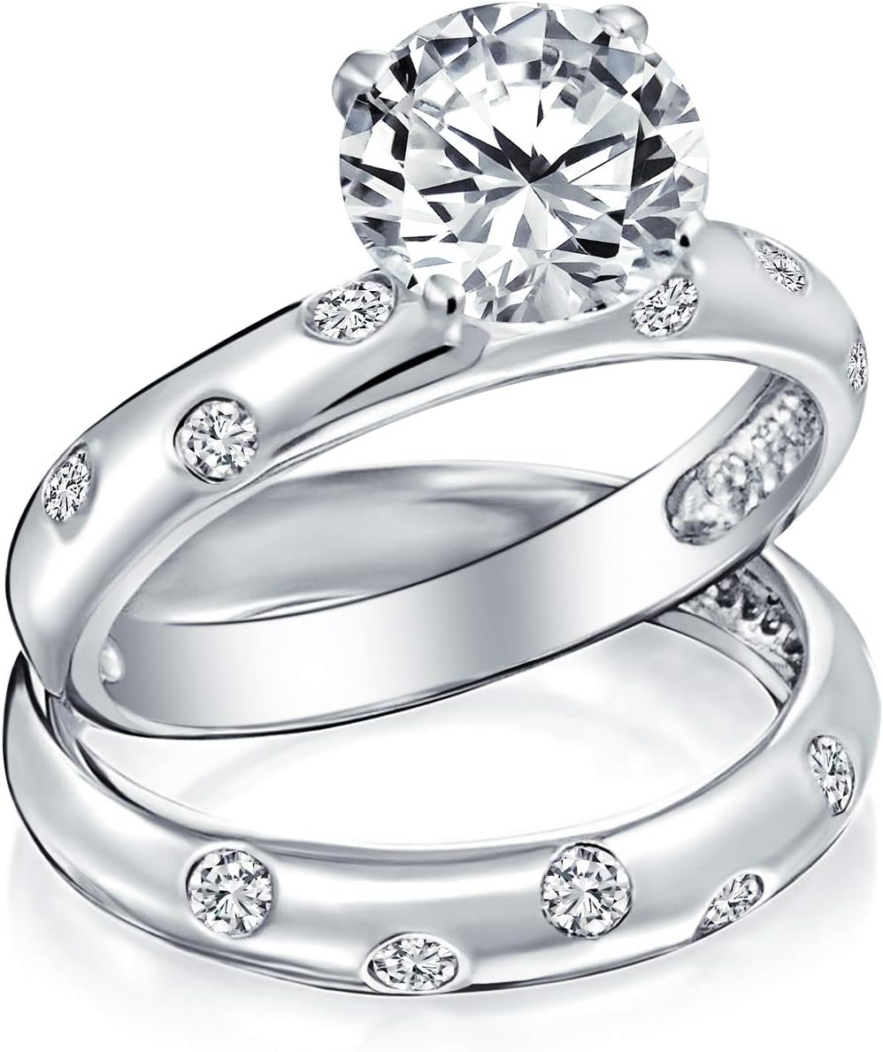 Bling Jewelry Customizable 2CTW - 3CTW Round Solitaire 6 Prong AAA CZ Engagement Anniversary Wedding Band Ring Set for Women Personalize Traditional Etoile Yellow 14K Gold Plated .925 Sterling Silver