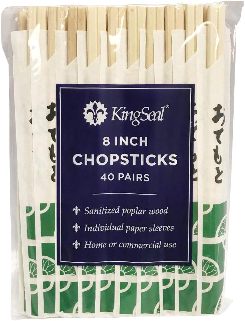 80 Count | KingSeal Natural Poplar Disposable Wood Chopsticks, Indiv. Wrapped in Paper Sleeve, 8 Inch, Bulk Pack - 2 Packs x 40 Pairs