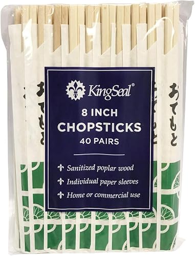KingSeal Palillos de madera de álamo natural de 8 pulgadas, Indiv. envueltos en funda de papel, paquete a granel, 160 pares (4 paquetes de 40 pares)