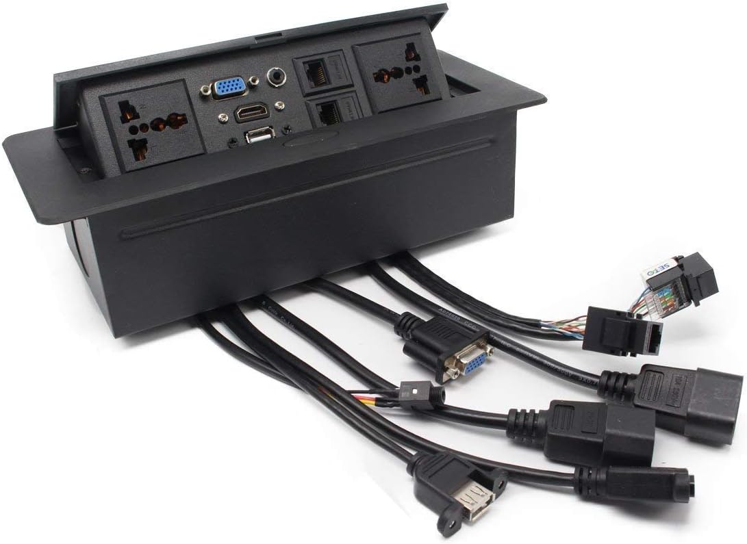 SHAPURE Hydraulic 10 Module Conference Table Connectivity and Data Box Pop Up Box Cable Cubby with HDMI, VGA, Audio, LAN and Power Ports (Black)