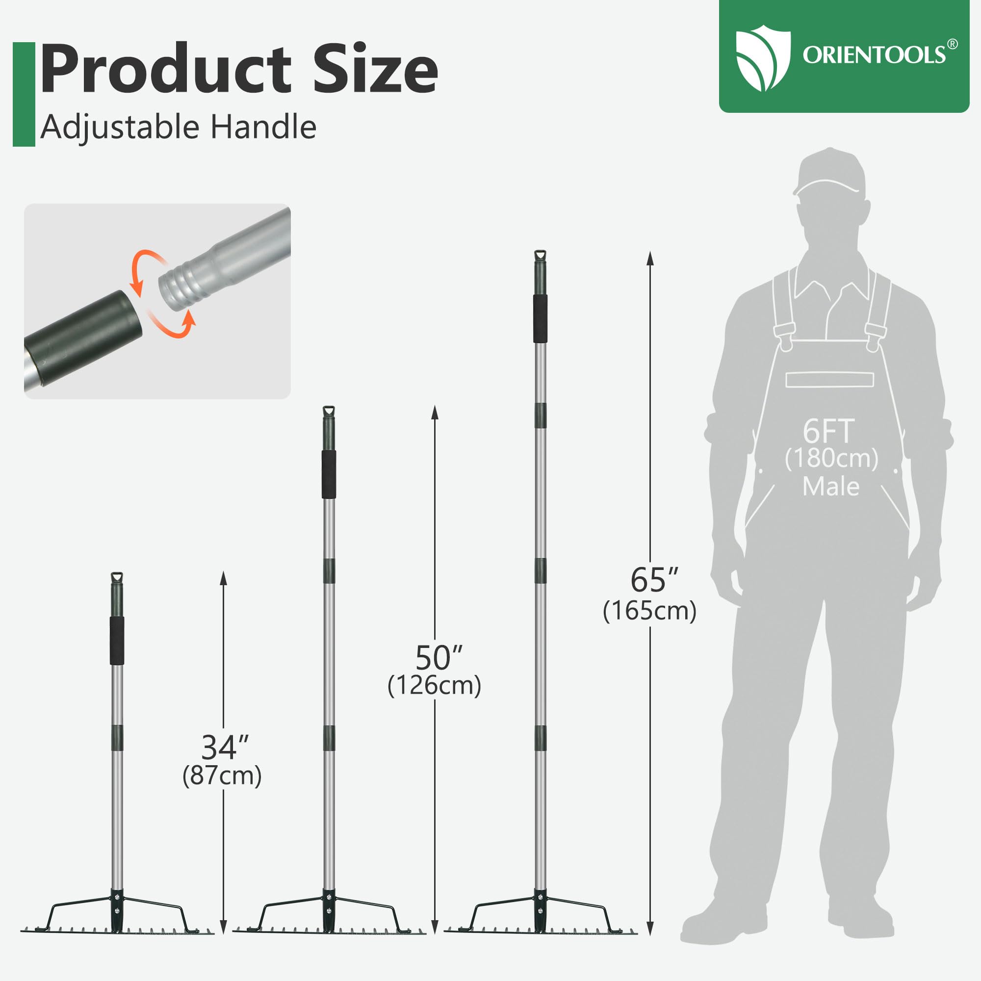 ORIENTOOLS Wytrzymała grabia ogrodowa, szerokość 44 cm, długi uchwyt 160 cm, 1,7 kg do spulchniania gleby, grabienia liści, sadzenia darni, pielęgnacji trawnika
