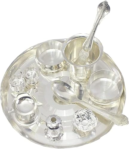 Miniatura 5 de NOBILITY Juego de Puja Thali chapado en plata para el festival del templo Mandir, regalo étnico Pooja Thali para oficina en casa, Diwali, artículos