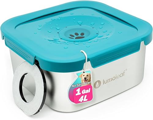 LumoLeaf Cuenco de agua para perros de 1 galón sin derrames, de acero inoxidable, a prueba de salpicaduras, capacidad máxima, 4 litros, dispensador