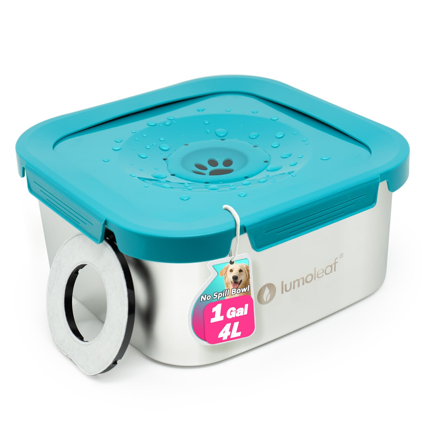 LumoLeaf 4L No Spill Dog Water Bowl, Stainless Steel Splash Proof Max Capacity Dog Water Bowl 4 Liter, Non-Slip Slow Water Feeder Dispenser with Replacement Filter, Vehicle Travel Water Bowl