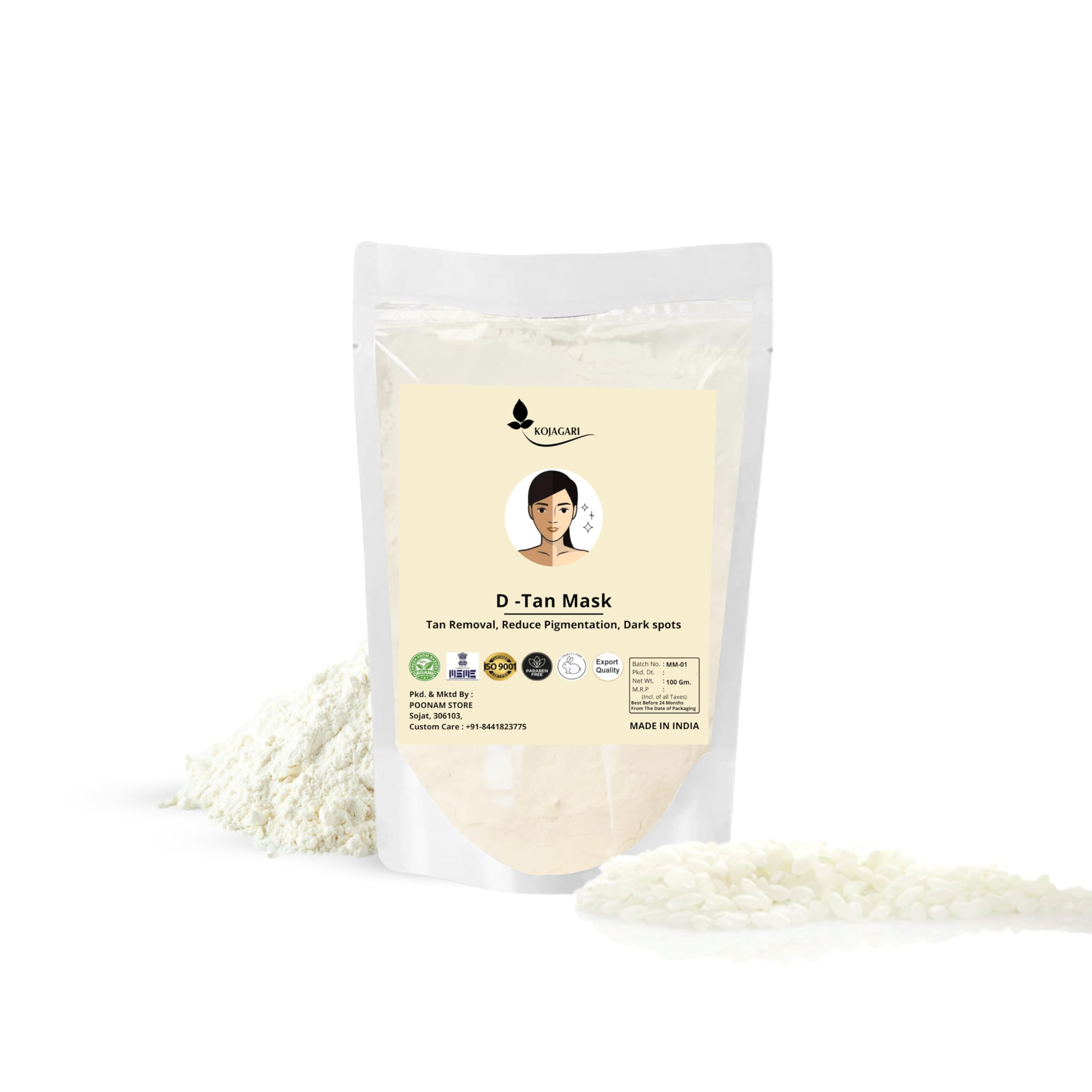 D -TAN Rice & Vitamin C Mask | Reduces Acne Marks, Darkspots, Pigmentation, Tan, For Brightening and Glowing Skin - (100 gm)