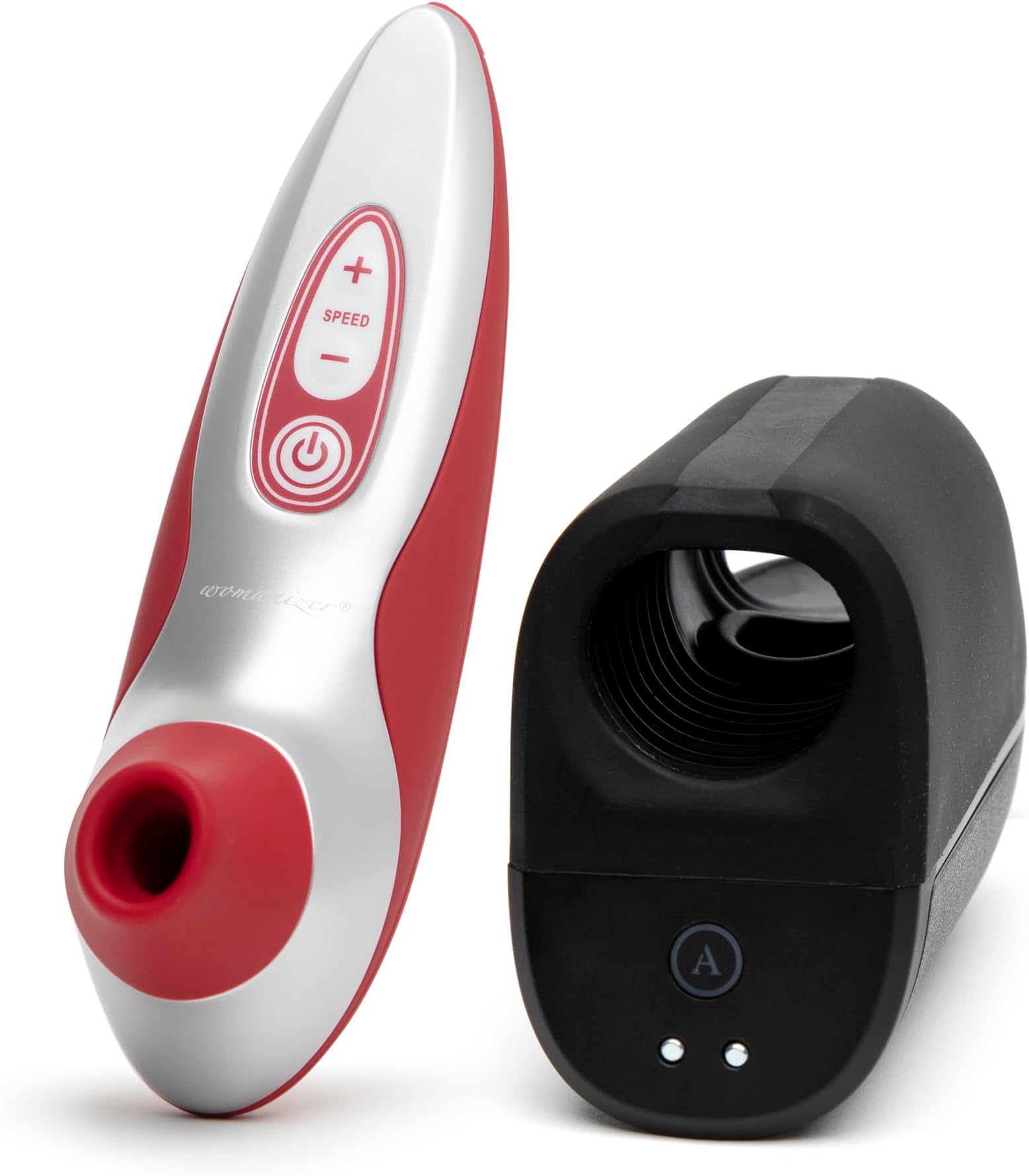 WomanizerPro40 Red Pleasure Air Clitoris Sucker & Arcwave Ion Pleasure Air Male Masturbator - All About Us Couples Sex Toys Bundle