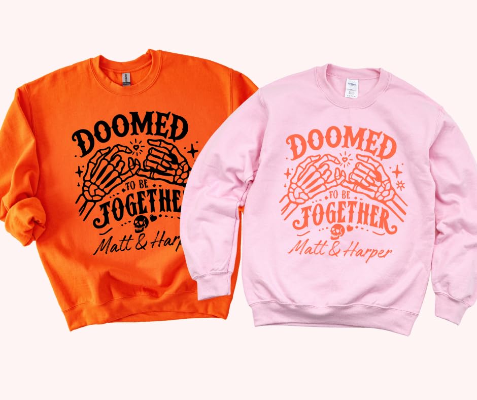 Doomed Together Couple Halloween Sweatshirts – Personalized Matching Skeleton Hands Pullover, Fun Spooky Season Outfit for Couples White4