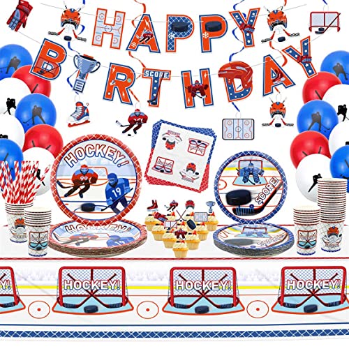 Fournitures de fête de hockey – y compris assiettes, tasses, serviettes, nappe, tourbillon suspendu, ballons, bannière – pour 20 personnes
