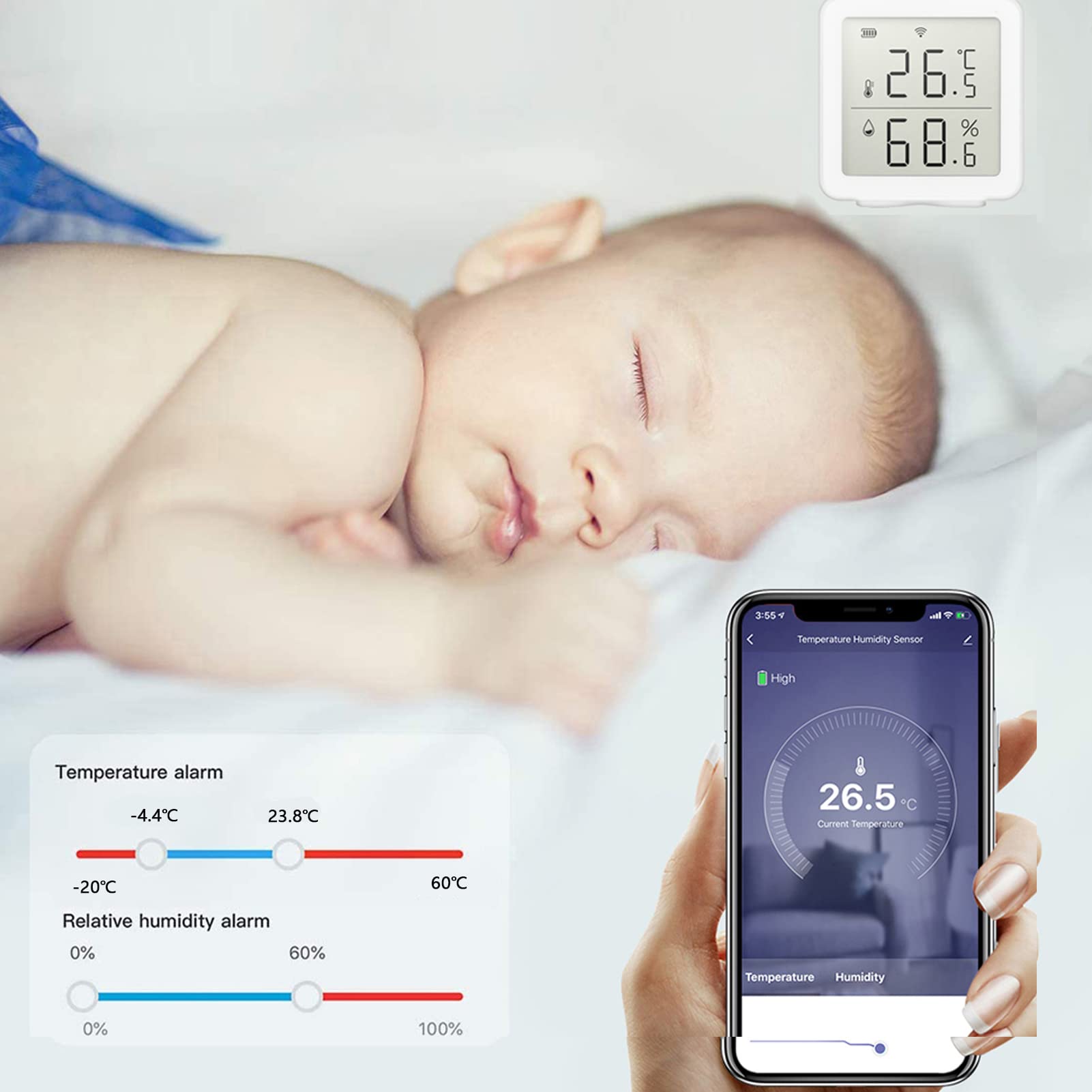 WiFi Tuya Sensore di temperatura Wireless Smart Life Digital Termometro Igrometro Interno Compatibile con Alexa, con archiviazione dati e funzioni di allarme