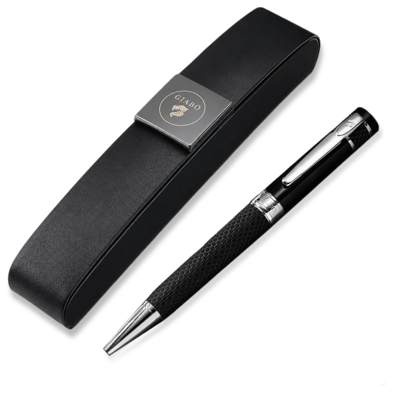 Gíabo Kugelschreiber hochwertig mit PU-Leder-Schaft und Chrome-Details | Schwarz schreibend | Edelstahl- und Messing-Mischung | Präzise Mine | Eleganter Business-Stift für Büro und besondere Anlässe