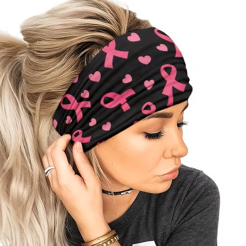 Headband Pink Bows Awareness Sports Hair Band Pink Ribbon | Pink Ribbon Motif, Awareness Headband, 25 x 15 cm, Elastic, Breathable, Sports and Everyday Use