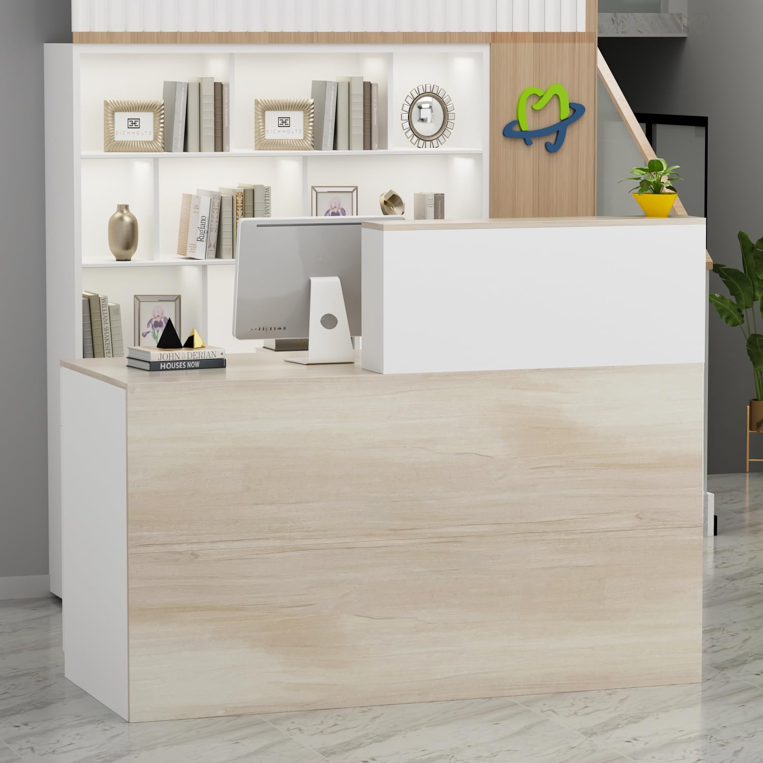 Mostrador de Recepción Grande Con Compartimentos Abiertos - Mesa de Recepción, Muebles de Oficina, Color Madera y Blanco