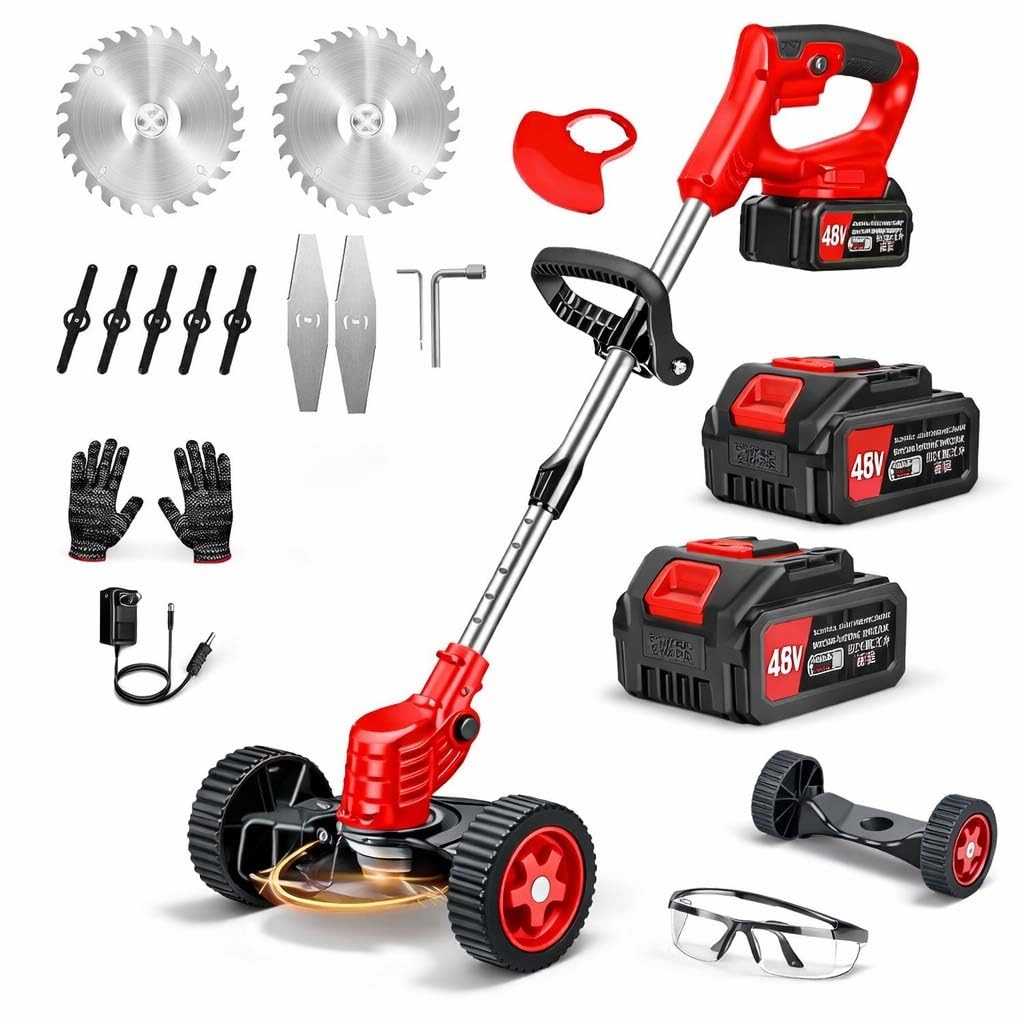 Btag 48V Cordless Electric String Trimmer & Lawn Edger with Wheels, Adjustable Handle, 2 Rechargeable Batteries, Steel & Plastic Blades, Grass Trimmer for Garden & Yard.(STRM001_RED)-image-5