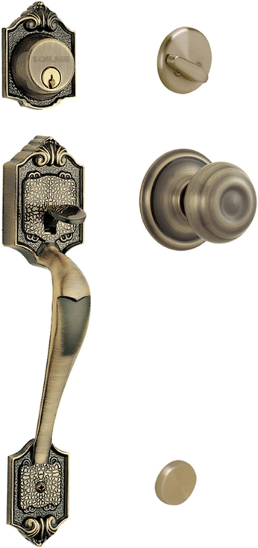 F60 V PAR 609 GEO Parthenon Front Entry Handleset with Georgian Knob, Deadbolt Keyed 1 Side, Antique Brass