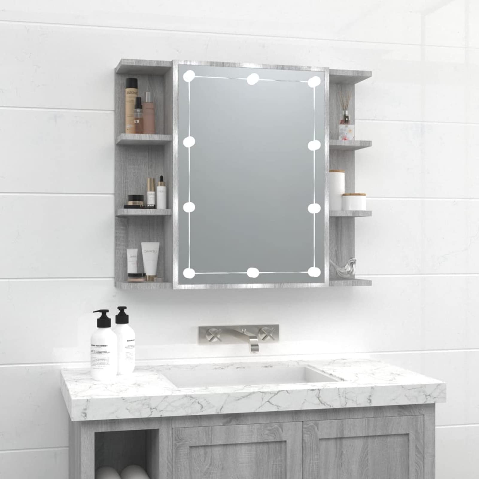 Iiaky Mueble con Espejo y LED Armario de baño con Espejo Armario Espejo baño con luz Espejo Armario baño Color Gris Sonoma 70x16,5x60 cm