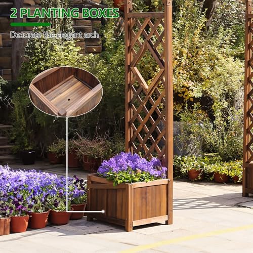 Zewnętrzny drewniany łuk ogrodowy pergola ze zintegrowanymi donicami i bocznymi skrzynkami na kwiaty, kratka o wysokości 237 cm, do pnących winorośli, idealna altana ogrodowa na róże i kwiaty
