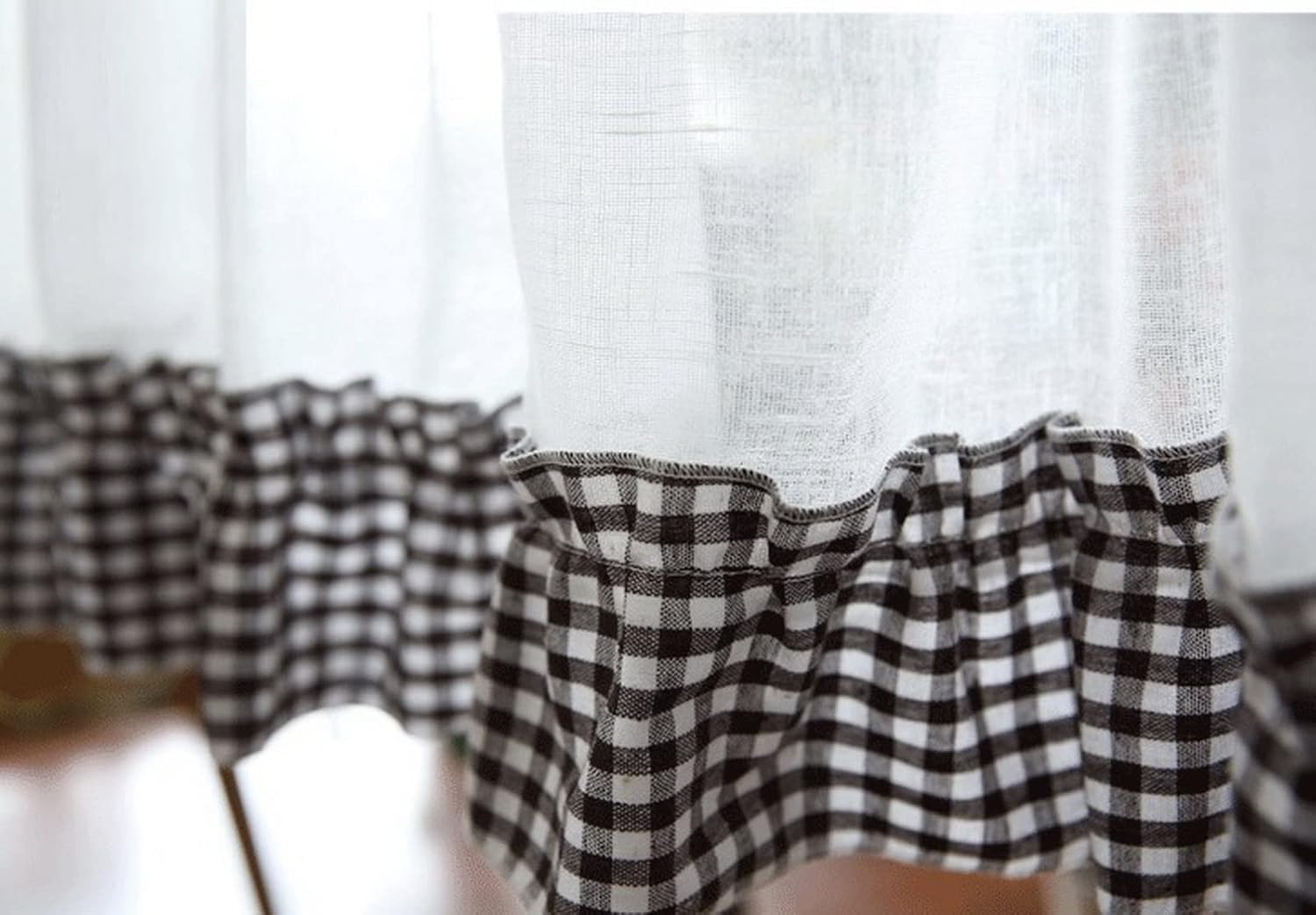 A.Monamour Short Curtain Transparent Sheer Voile Curtain with Coffee Check Plaid Ruffles Bow Window Treatment Valance Panel Drapes Half Curtain for Kitchen Café Bedroom Cabinet Curtain Door Curtain