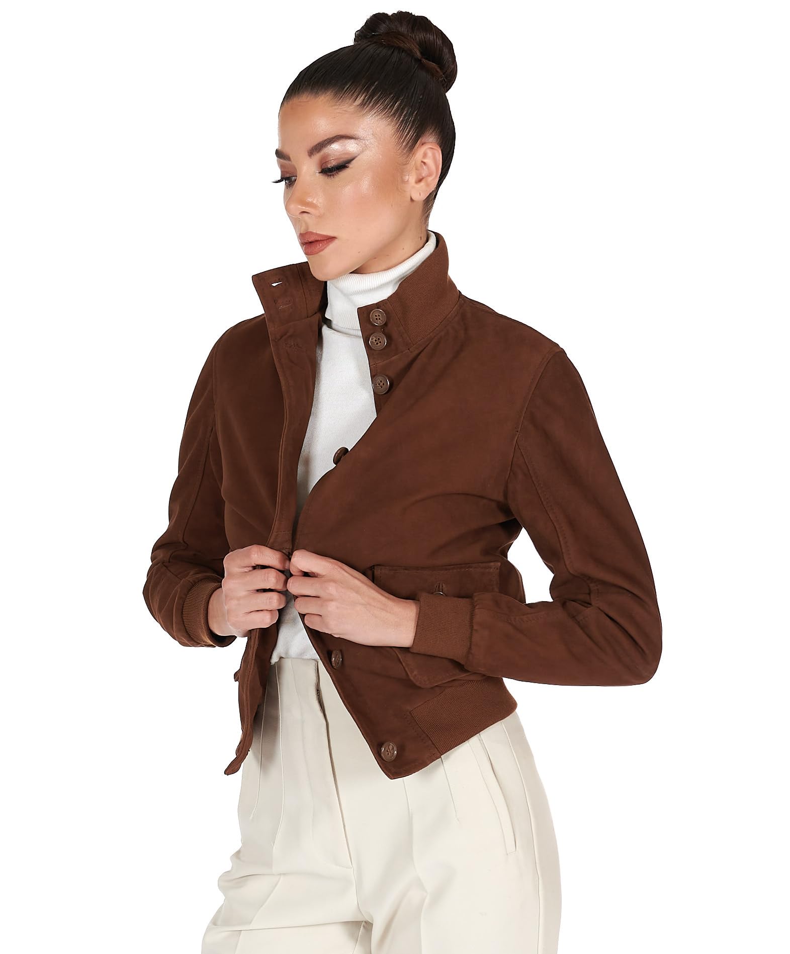 D'Arienzo Bomber in Pelle Scamosciata Colore Beige Donna Giubbotto con tasconi Vera Pelle Faty