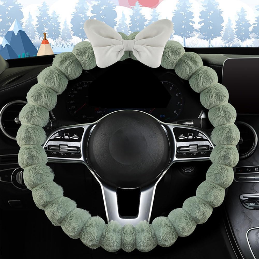 Soft Plush Steering Wheel Cover with Fuzzy Bowknot Design Anti Slip and Thermal Insulation for Women Universal Car Accessory for Diverse Cars (Green)