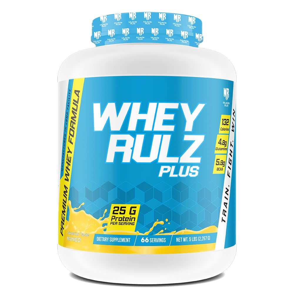 MuscleRulz Whey Rulz Plus, 25g Protein, 4.8g Glutamine, 5.9g BCAA, 132 Calories - 66 Servings (Mango, 5lb)