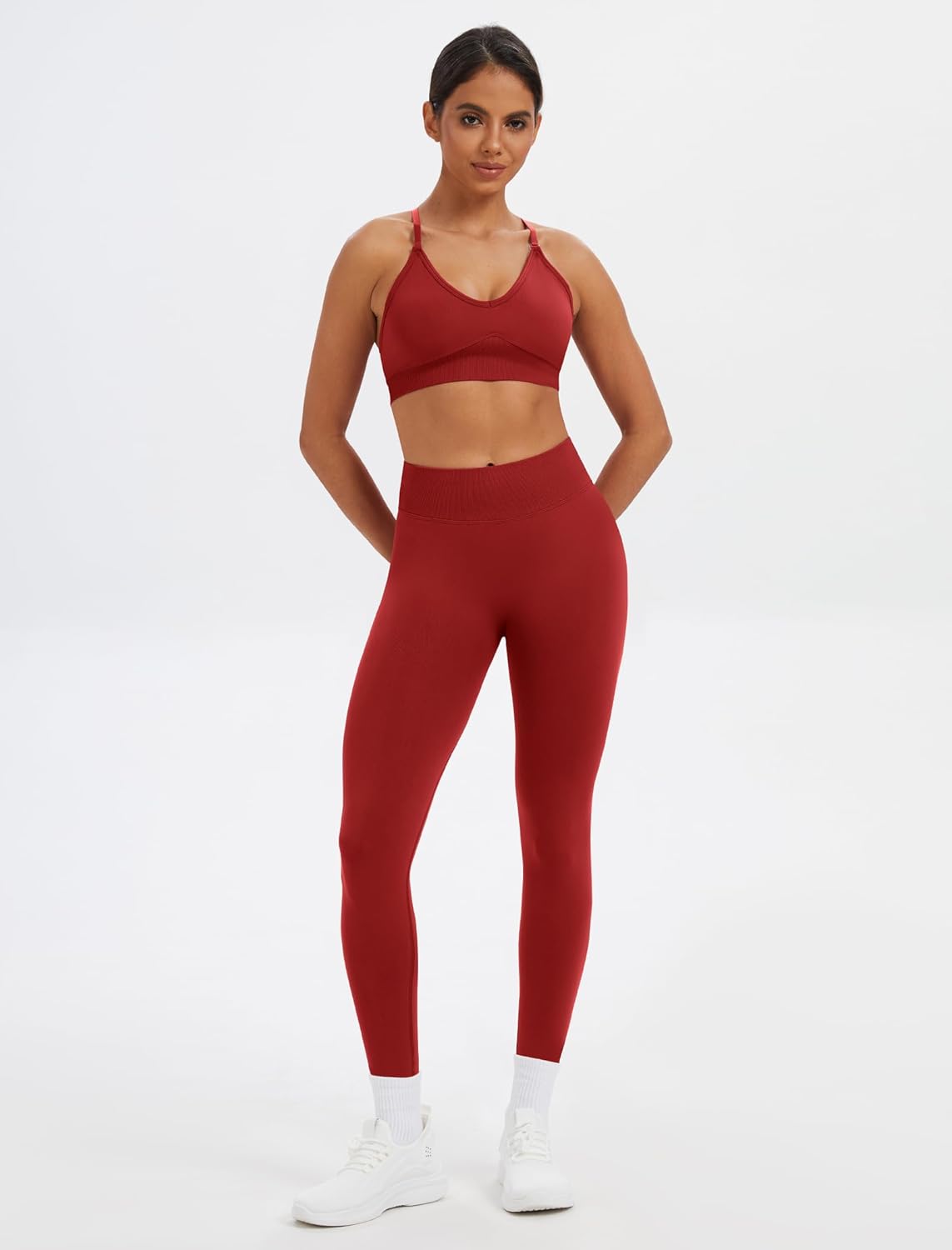 Womens Seamless Workout Sets V Neck Straps Sports Bra Tummy Control Scrunc Butt High Waist Leggings 2 Piece Gym Sets - Image 3