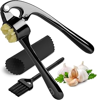 GD Black Garlic Press Crusher Mincer Tool - Stainless Steel Garlic Press, Dishwasher Safe & Rust Proof, Easy-Squeeze Garlic Crusher with Ergonomic Handle - Includes Silicone Peeler & Brush (Black)