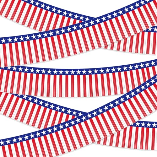 Image of 2 Pack 1.2 x 20 ft Patriotic Red White Blue Metallic Foil Fringe Garland, American Flag USA Streamers, Stars & Stripes Tinsel Banner for 4th of July, Memorial Day, Independence Day Decorations