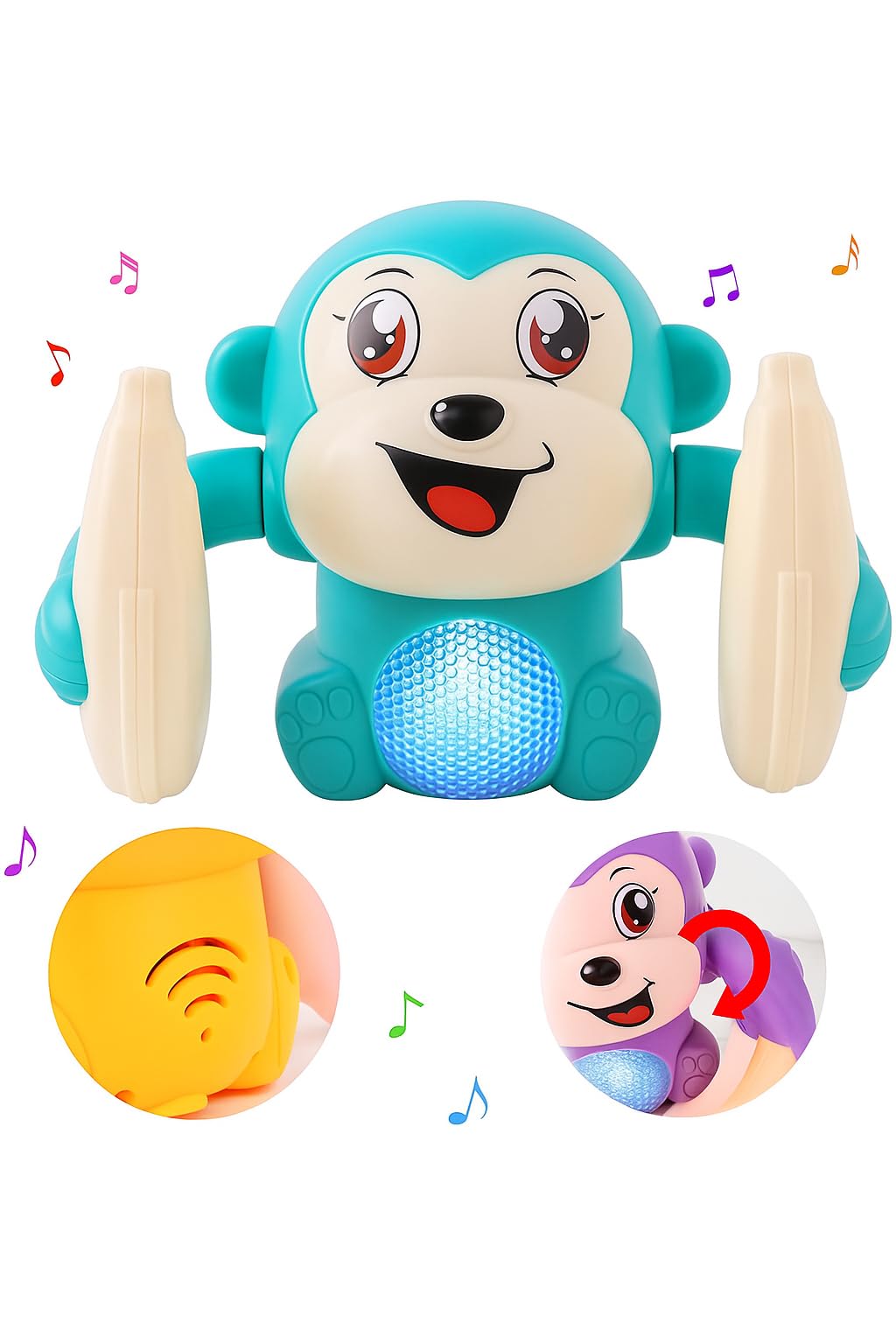 Musical Banana Monkey Toy with LED Light, Dancing,Voice/Touch Sensor, Rolling & Spinning Monkey Doll Toy, Light & Sound Effect Toys Spining and Rolling Blue, 13 x 9 cm